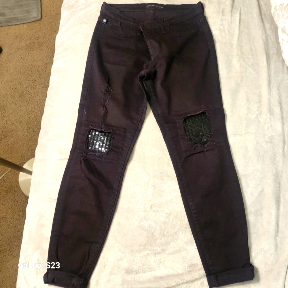 Rock & Republic Black Distressed Jeans with Sequin Patches Size 10 Womens